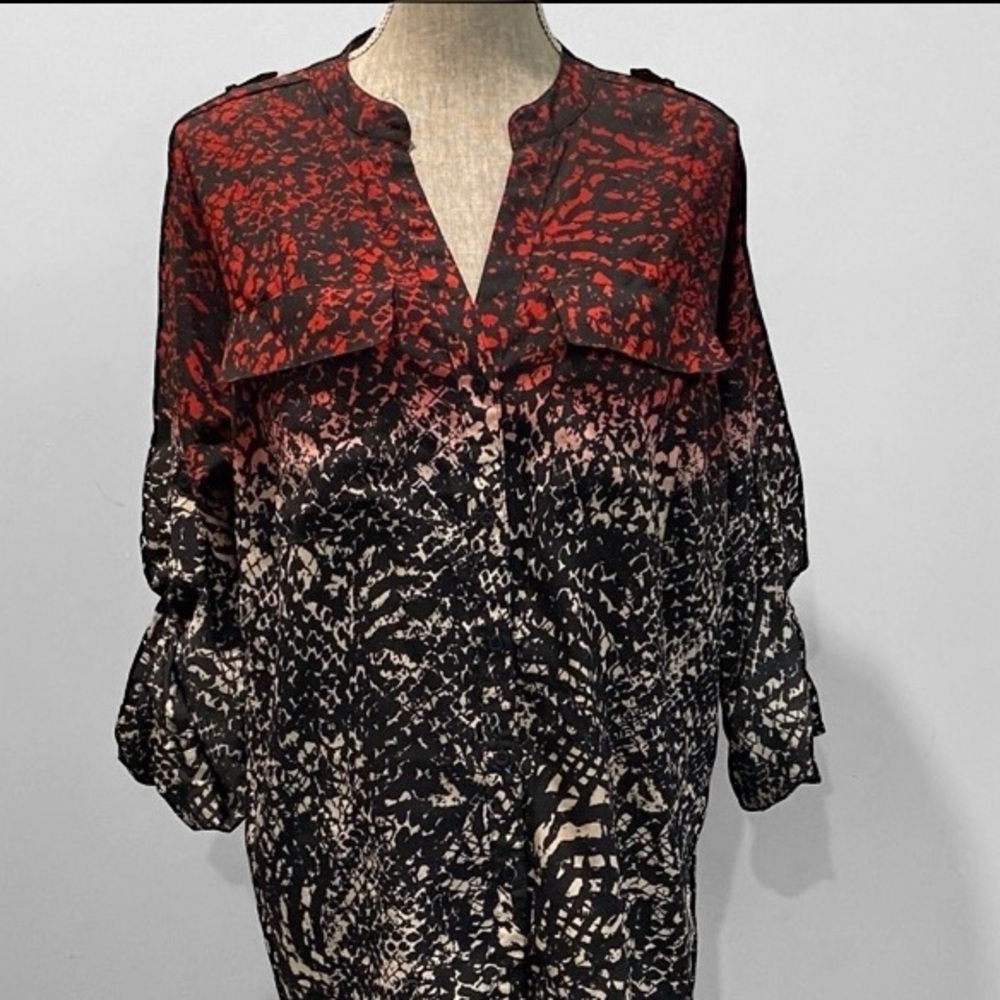 CALVIN KLEIN Animal Print Blouse Red and Black button down Top Size 0X